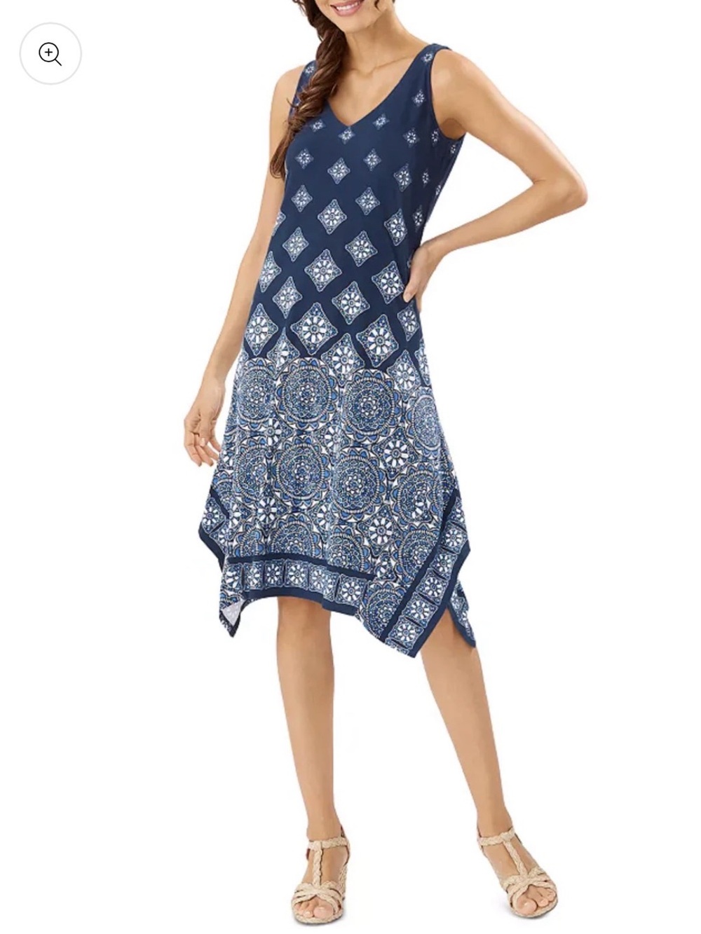 Tommy Bahama Blue Medallion Print Asymmetric Handkerchief Hem Dress Size Large